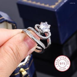 Cluster Rings 2024 2pcs Ring Set Geometric Zircon Double Layer Women's Engagement Bridal Jewellery Couple 925