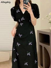 Party Dresses Women Printing Ankle-length Korean Style Simple Fashion Chic Ladies Temperament Vintage Casual Ulzzang Loose Puff Sleeve