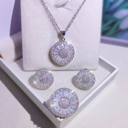 Necklaces Bling Big Round Rings Silver Colour Earrings for Women Paved Zircon Stone Necklace Fashion Jewellery Set New Arrival