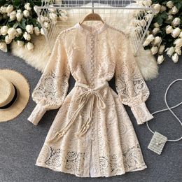 Runway Designer Vintage Mini Dress Hollow Out Embroidery Stand Collar Lantern Sleeve Bow Sashes Lace Up Party Dress 222B