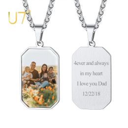 Necklaces U7 Custom Octangle Dog Tag Photo Necklace Personalised Picture Pendant Full Colour Image Print Engraved Memorial Keepsake Jewellery