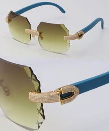 New Micropaved Vintage wooden Rimless Luxury Diamond Set Sunglasses Blue Wood driving Sun Glasses Rocks Metal Frame Male and Fema5220682