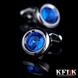 Links KFLK Jewellery shirt cufflinks for mens designer Brand Blue Crystal Cuffs links Buttons High Quality Luxury Wedding guests