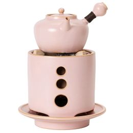 Makers Pink Charcoal Tea Stove Boiler 650ml Teapot Ceramic Soda Glaze High temperature 20cm Baking net Fireplace One set