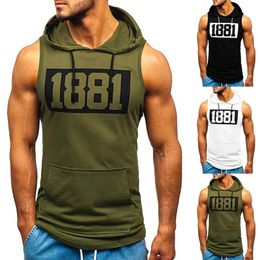 Sports Tank Tops Men Fitness Muscle Print Sleeveless Hooded Bodybuilding Pocket Tightdrying Summer Shirt For Clothing 240412