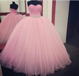 Baby Pink Quinceanera Dresses Ball Gown 2019 New Design Floor Length Tulle Sash with Beaded Crystals Custom Made Prom Dresses Part7340036