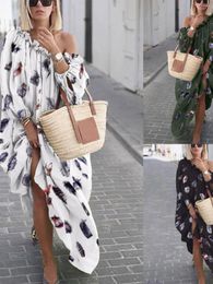 Casual Dresses Fashion Style Bohemian Pullover Graceful And Fashionable Half Sleeve Feather Print Sexy Off-the-Shoulder Long Dress Trendy