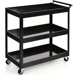 Kitchen Storage 1pc 3-Tier Alloy Steel Utility Cart Heavy-Duty Metal Service Trolley With 330lbs Total Capacity Black Mobile Rolling