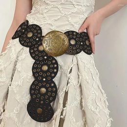 Belts Western Cowboy Wide Golden Rivet Steampunk Circles PU Leather Waistband Vintage Large Round Buckle Waist Belt Girdle For Women