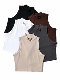 Summer Black Women Fashion Crop Top High Neck White Sleeveless Tank Tops 5 Colors 240419