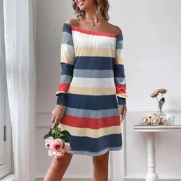 Casual Dresses Women Dress 2024 Bodice Stripe Print Loose Long Sleeve Off The Shoulder Fashion Streetwear Spring Autumn Clothing