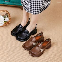 Casual Shoes Women's Loafers Women Genuine Cow Leather Round Toe 2024 Slip On Chunky Sole Ladies Handmade