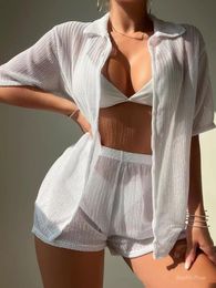 Swimsuit 2pcsSet Womens Cover Up Blouse And Beach Crop Top Shorts Set Summer Female Sexy Bikini Swimwear Solid 240419