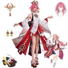 애니메이션 의상 Yae Miko 게임 코스프레 Genshinimpact Yae Miko Cosplay CARNIVAL Women Sexy Suits Party Come Wig Shoes Full Set Y240422