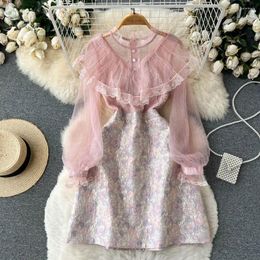 Casual Dresses Retro Dress Women's Autumn Clothes Mesh Ruffled Stitching Jacquard Small