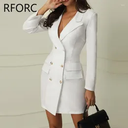 Casual Dresses 2024 Women Solid Notched Collar Double Breasted Autumn & Winter Mini White Blazer Dress