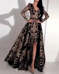 New Arrival Bling Sheath Prom Dresses VNeck Evening Gowns with Detachable Train Split Arabic Long Sleeves Ball Gown Dubai Formal 7190048