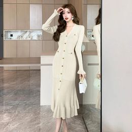 Casual Dresses Autumn Women Sweater Dress Fashion Knitted Single Breasted Midi Vintage Bodycon Elegant Ruffles Party Q739
