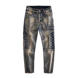 Jeans motociclisti ricamati patchwork nostalgici autunnali, pantaloni ciclistici alla moda elastico per piccoli piedi
