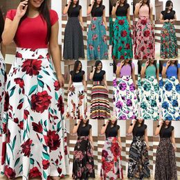 Casual Dresses Floral Print Colorblock Short Sleeve Long Dress Size S-5XL