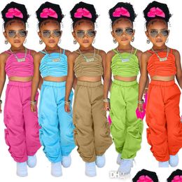 Clothing Sets Kids Clothes Baby Girls Tracksuits Summer 2 Piece Set Pleated Solid Color Halter Vest Casual Loose Wide Leg Trousers 2Pc Dhzhi