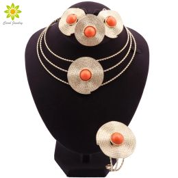 Strands Unique Dubai Gold Colour Jewellery Set Women Luxury Design Necklace Earring Bracelet Ring Wedding Party Accessories