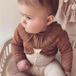 T-shirts Koodykids Spring Baby Girls Knitting Shirts Toddlers Girls Knitted Long Sleeve Tops With Ruffle Vintage Knit Shirts Green Brown