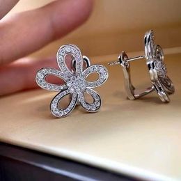 Designer brand fashion 925 Sterling Silver Van Sun Earrings Plated with 18K White Gold Big Full Diamond Camellia High Version jewelry