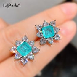 Stud Earrings Paraiba Emerald Treasure Square Flower For Women Girl 925 Silver Needle 7 7mm Gemstone Jewellery Zircon Inlaid