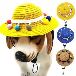 Dog Apparel Summer Pet Straw Hat Adjustable Cats Dogs Woven Pompom Sunshade Sun For Small Beach Party Costume Accessories