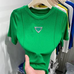 Sweatshirts Ins Screw Thread Cotton Solid Green Nice Mini T Shirts Brand Triangle Label Chic Crop Tops Office Ladies Basic Summer Large 2xl