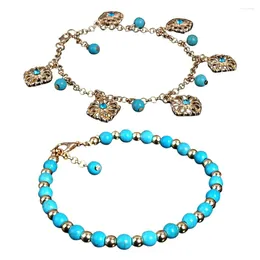 Anklets 2pcs Bohemia Rhinestone Flower Beads Turquoise Foot Chain Anklet Bracelet