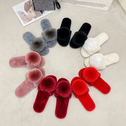 Slippers Fluffy Hairball Flip-flops Women's Large Indoor Plush Flat Floor Drag Open-toe Cotton