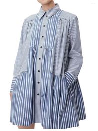 Casual Dresses Spring Summer Women Striped Patchwork Shirt-Style Dress Long Sleeve Fashion All-Match Ladies Cotton Loose Robes 2024