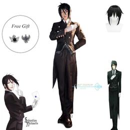 Anime Costumes Sebastian Cosplay Anime Black Butler Cosplay Come Sebastian Michaelis Role Play Come Uniform Brooch Dress Coat Tails Y240422