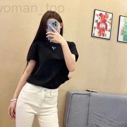 Women's T-Shirt Designer 24 Year P Summer Triangle Slim Fit Black and White Caution Machine Basic Versatile High Elastic Short Sleeve T-shirt for Women 4BV8