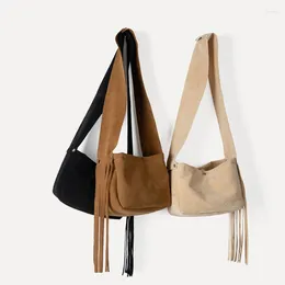 Evening Bags Vintage Tassel Frosted Tote For Women Velvet Wide Shoulder Belt Crossbody Large Suede Underarm Handbag