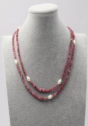 GuaiGuai Jewellery Natural Faceted Red Tourmaline Cultured white rice Pearl Necklace 175quot Handmade For Women7850856