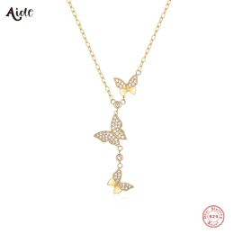 Necklaces Aide 925 Sterling Silver Chic Shimmering Zircon Crystal Pave Three Butterfly Pendant Necklaces With Imitation Pearl Chain Charm