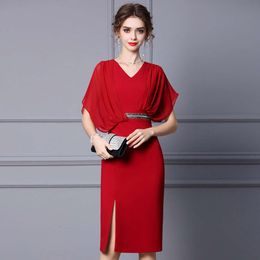 Zhiliairlou Red Dress 2024 New Summer Luxury V-Neck Sleeves High Waist Hot Diamond Party Wrap Hip Skirt