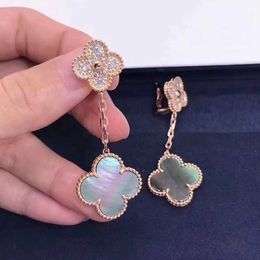 Designer charm Van High Edition Gold Thick Plated 18K Rose Four Leaf Grass Grey Full Diamond Beimu Ear Pat Female Hanging Studs