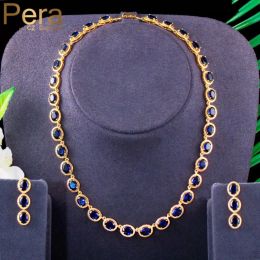 Necklaces Pera Luxury Royal Blue Oval CZ Crystal Women Wedding Party Necklace Earrings Bridal Jewellery Sets Dubai Gold Colour Jewellery J385