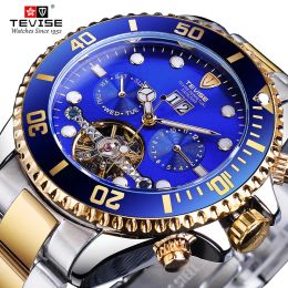 Watches TEVISE Tourbillion Calendar Design Blue Golden Royal Navy Mens Automatic Brand Watch Top Luxury Mechanical Hour Male Waterproof