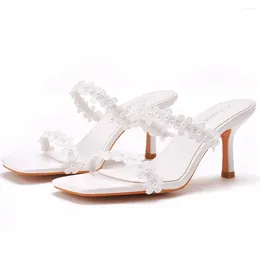 Slippers 2024 Square Toe High Heel Sandals Wine Cup Heels Fashion White Lace Flower Beaded Large