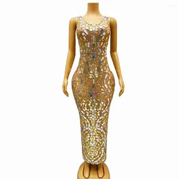 Stage Wear Luxurious Gold Mirrors Rhinestones Mesh Long Dress Evening Party Birthday Celebrate Singer Model Catwalk Costume