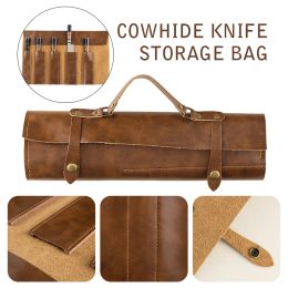 Storage Portable Twolayer Cowhide Leather Chef Knife Bag Cooking Kitchen Knives Storage Roll Bag Camping Carry Case Pockets Pouch