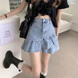 Skirts 2024 Women's Summer Denim Skirt A Line High Waist Sexy Short Mini Wrap Babes Irregularly Ruffled Edge Fishtail Solid