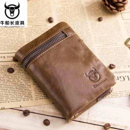 Wallets BULLCAPTAIN 2023 MEN Coffee Cow Leather Wallet Coin Pocket Money Purse Bag Card Holder Short Trifold Hasp Zipper Wallet