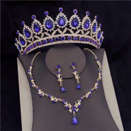 Necklaces Vintage Blue Crown Bridal Jewelry Sets for Women Fashion Tiara Bride Necklace Set Earring Prom Wedding Dress Accessories