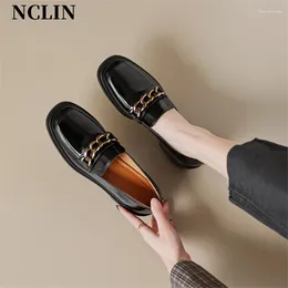 Casual Shoes 2024 Spring Split Leather Women Slip-On Loafers Square Toe Chunky Heel Woman Zapatos De Mujer Pumps Handmade